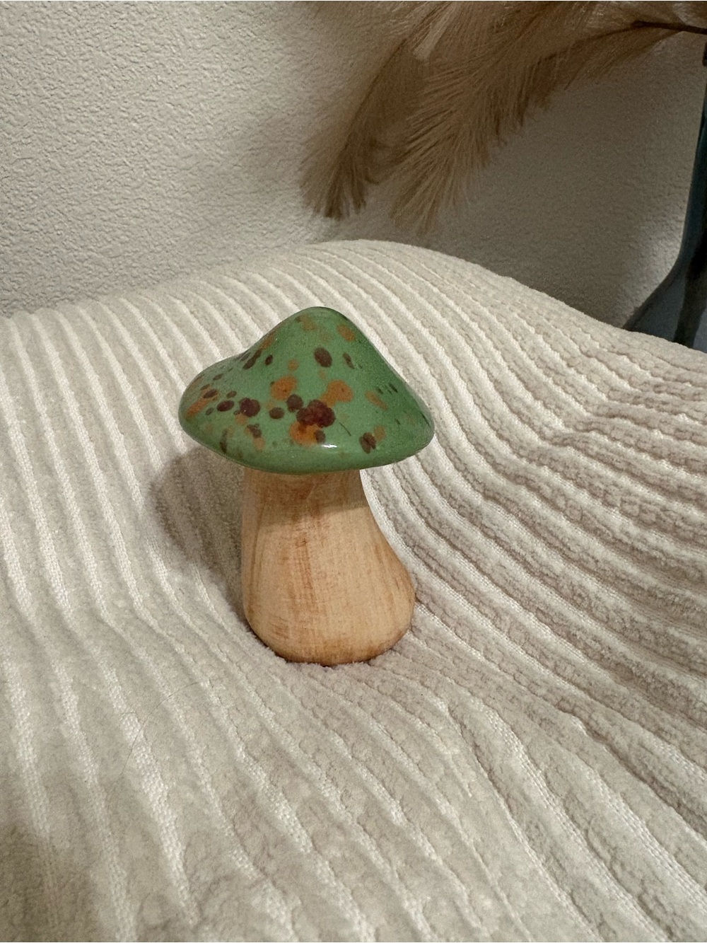 Hobby Lobby Green Speckled Ceramic Mushroom with Wood Base